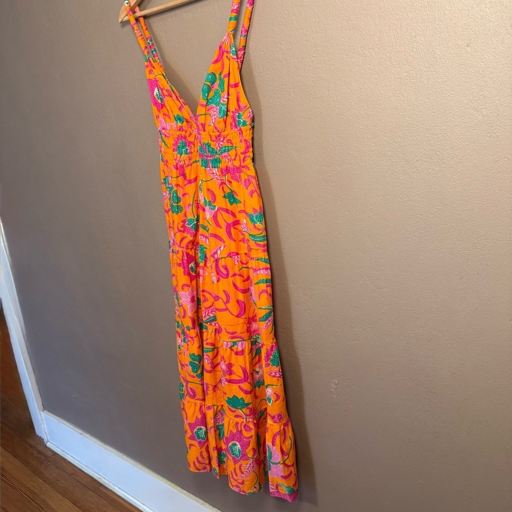 10 Crosby Derek Lam Cecelia Tiered Printed Linen-blend Orange Midi Dress Size 4 - Picture 4 of 16
